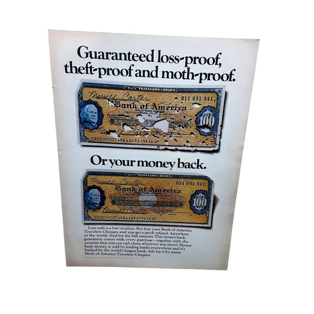 1970 Bank of America Travelers Cheques Vintage Print Ad Money Back